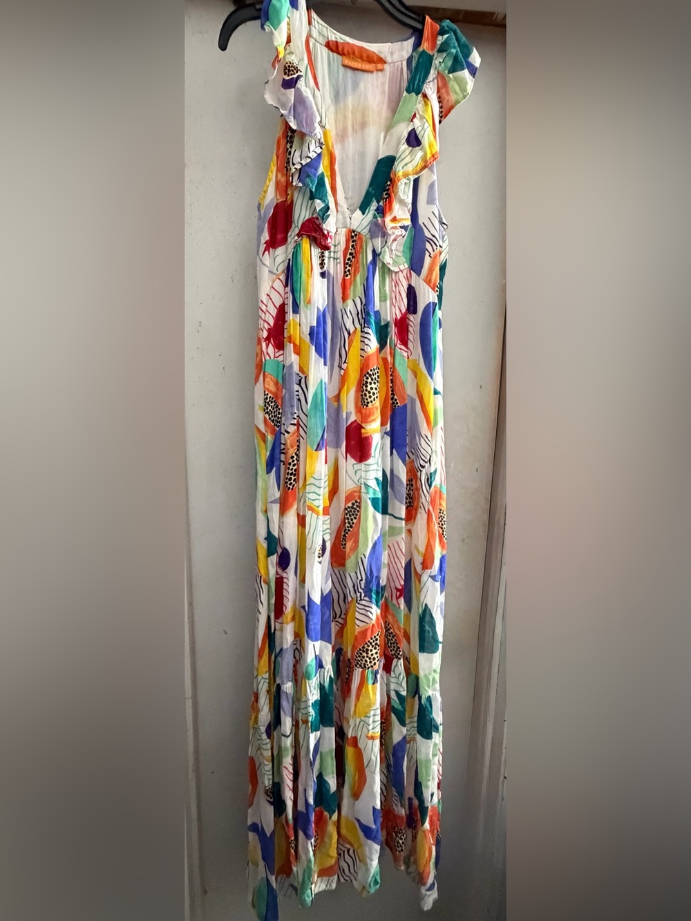 Oliphant SML Tropical Fruit Print Ruffle V Neck Maxi Dress Resort Boho Vacation - Picture 2 of 8